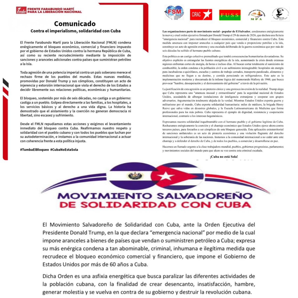 CubaMINREX's tweet photo. Amigos de #Cuba 🇨🇺 y de su pueblo en El Salvador se han unido a las voces mundiales que denuncian la reciente arremetida imperial 🆚 la isla.
Hacen llamado a la comunidad internacional para que condene este hecho y se una a la defensa de Cuba y su pueblo.

https://t.co/dLWTywPSVJ https://t.co/fDkH8glyhy