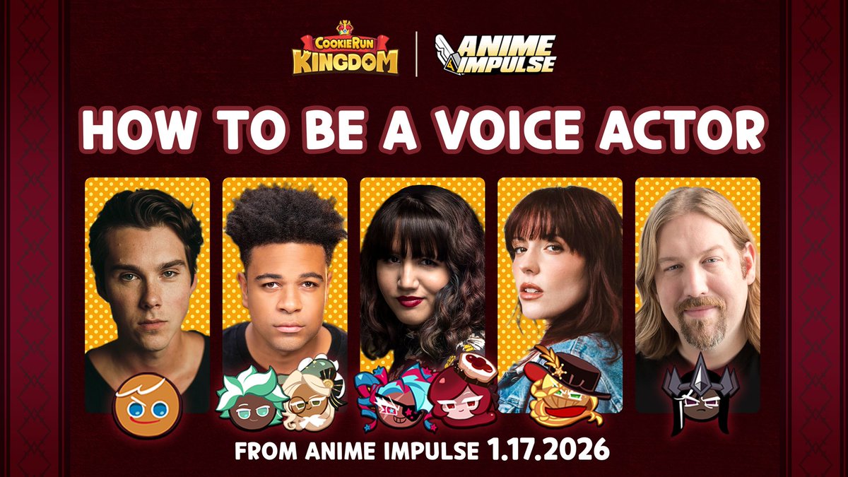 CRKingdomEN's tweet photo. January 18, Day 2 of #ANIMEImpulseLA2026
2:30 PM @ #ANIMEImpulseLA Stage (Hall 10)

Are you curious about how to take the first step into becoming a #VoiceActor? 🧑‍🏫 We invited some talented Cookies to give you better insight into what the industry is like! 

🔴WATCH NOW: https://t.co/Caed19ernA

#CookieRun #CookieRunKingdom