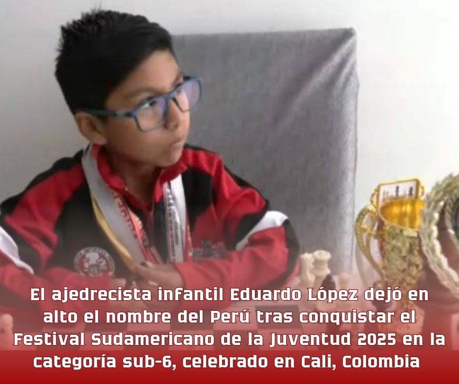 El ajedrecista infantil Eduardo López dejó en alto el nombre del Perú. Este arequipeño conquistó el primer lugar del Festival Sudamericano de la Juventud 2025 en la categoría sub-6, celebrado en Cali, Colombia, en diciembre pasado.