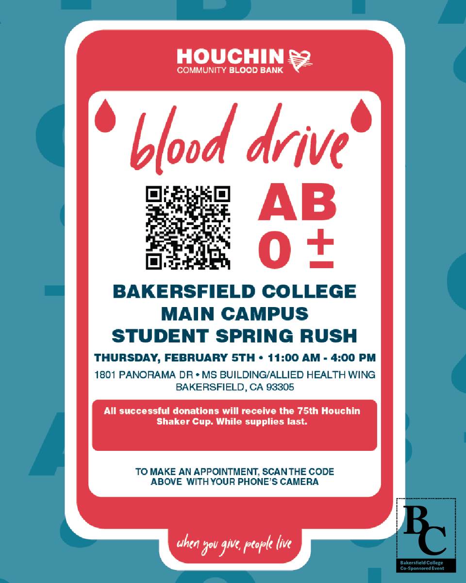 Give a little, save a lot ❤️🩸 Join the Houchin Community Blood Bank Blood Drive! Scan the QR code to book your appointment &amp; snag a free shaker cup while supplies last.
#BC #StudentLife #BloodDrive #GiveBlood #BakersfieldCollege #StudentSpringRush #Bakersfield