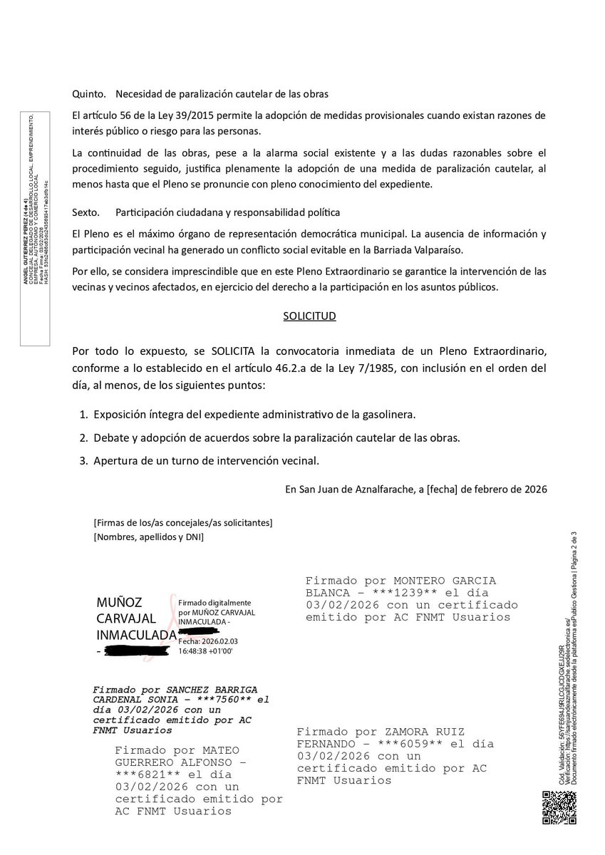 Os anuncio que, he registrado una solicitud para que el Ayuntamiento de San Juan celebre un pleno extraordinario  urgente y monográfico sobre la obra de la gasolinera en Valparaíso.

La presento con el consenso de PSOE, Cambia, Podemos-IU