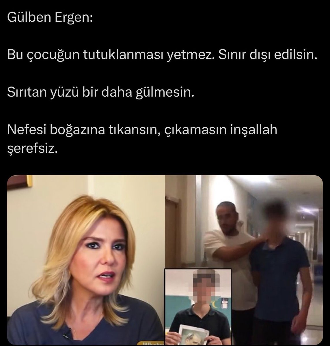 Gülben Ergen’in neden Aile ve MEB ile aynı kareye bile girmemesi gerektiğini isterseniz bir kez daha hatırlatalım.

Liseli bir çocuğa “Nefesi boğazına tıkansın, çıkamasın inşallah şerefsiz” diyerek beddua yağmuruna tutan birinin insani duyguları küf tutmuştur.

Peki o çocuk ne