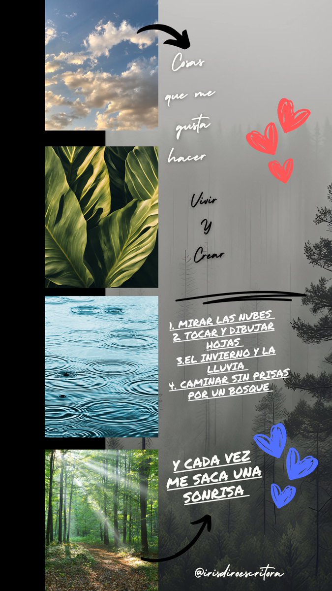 Cosas que me alegran los días. ♥️😊
1. Caminar y mirar las nubes, ver formas e imaginar historias en ellas.
2. Me inspira mucho tocar hojas grandes y dibujarlas, pintarlas. Debería hacerlo más .
3. 
Los días de lluvia y frío en invierno.
Me encanta no pasar calor debido a mis