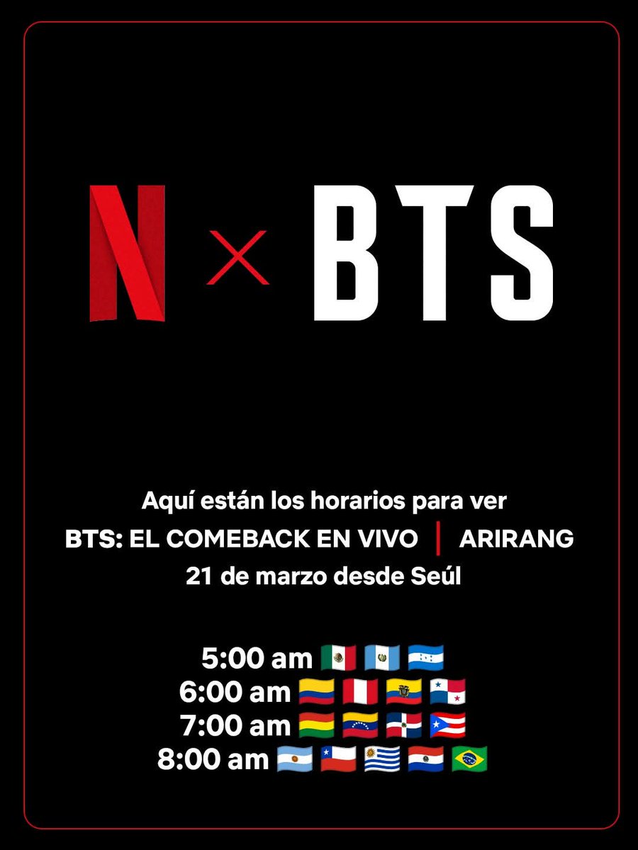 BTS: EL COMEBACK EN VIVO | ARIRANG llegará a Netflix el 21 de marzo, desde la Plaza Gwanghwamun en Seúl. 🎶🎤

Estos son los horarios para LATAM
#Amy #Bts #btsarmy