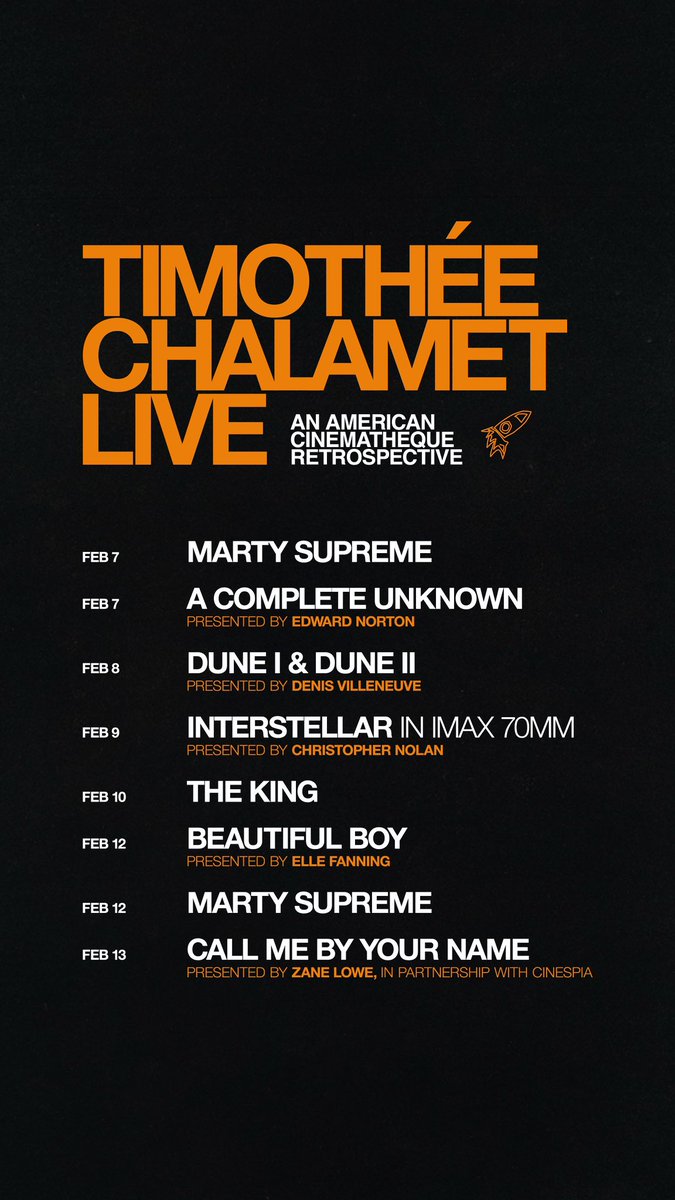 am_cinematheque's tweet image. 'TIMOTHÉE CHALAMET LIVE: An American Cinematheque Retrospective' 🧡 Feb. 7th - 13th.

🚨 Tickets will go on sale Wed. 2/4 at 12 pm PST 🚨
americancinematheque.com/series/timothe…