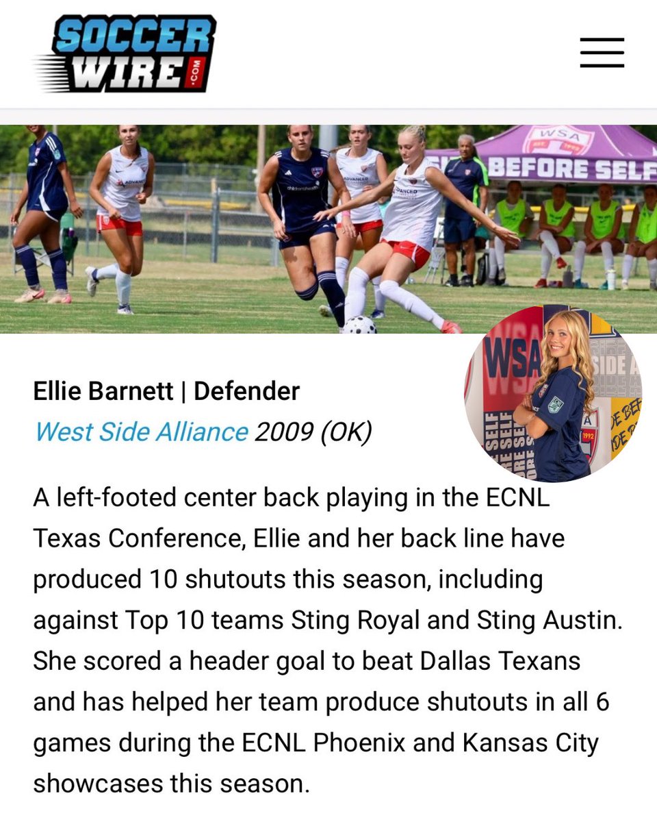 Thank you <a href="/TheSoccerWire/">SoccerWire</a> for selecting me as a Players To Watch: ECNL Girls Texas National Event (Winter 2026)!

<a href="/WSA2009ECNL/">WSA 2009 ECNL GIRLS</a> <a href="/ImYouthSoccer/">ECNL/GA/Recruiting/College Soccer</a> <a href="/ImCollegeSoccer/">College Soccer Truth ™</a> <a href="/TopDrawerSoccer/">TopDrawerSoccer</a> <a href="/PrepSoccer/">Prep Soccer ⚽️</a>