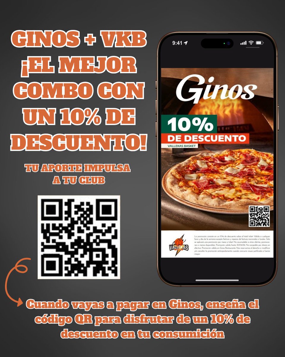 🍝 ¡Ginos x Vallekas Basket!

Renovamos el código QR para que podáis disfrutar de un 10% de descuento en vuestra consumición gracias al acuerdo con Ginos. Cuando vayas a pagar, muestra el código QR para disfrutar de la oferta.

🧡 #VallekasBasket #WorkInProgress #Ginos