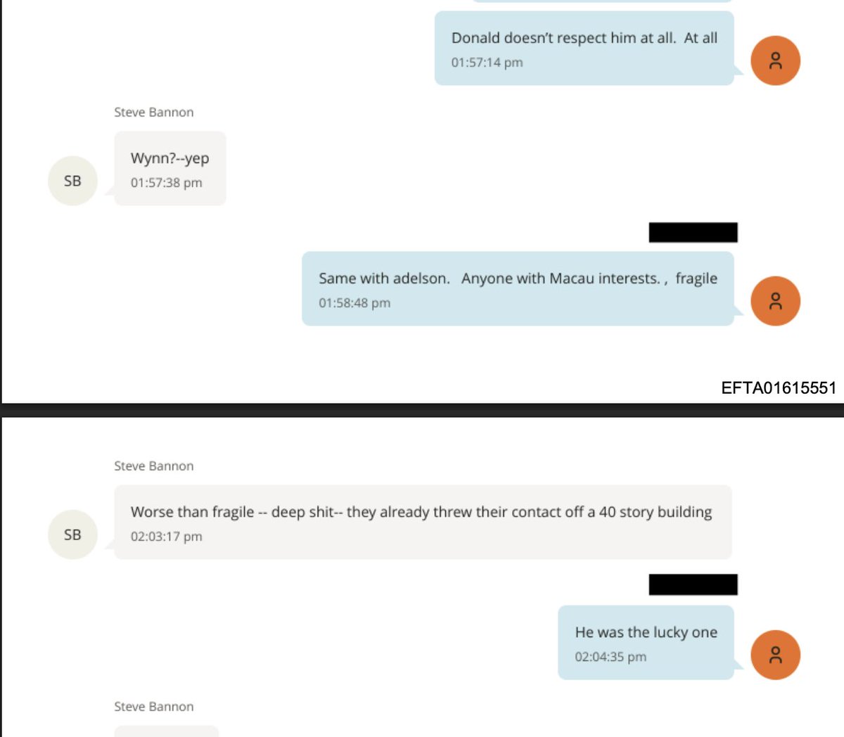 While discussing Las Vegas Casino moguls Steve Wynn and Sheldon Adelson, Steve Bannon notes they "threw their contact off a 40 story building." This is within a broader discussion of their relationship with Donald Trump, Chinese billionaire Guo Wengui (Kwok), Macau business