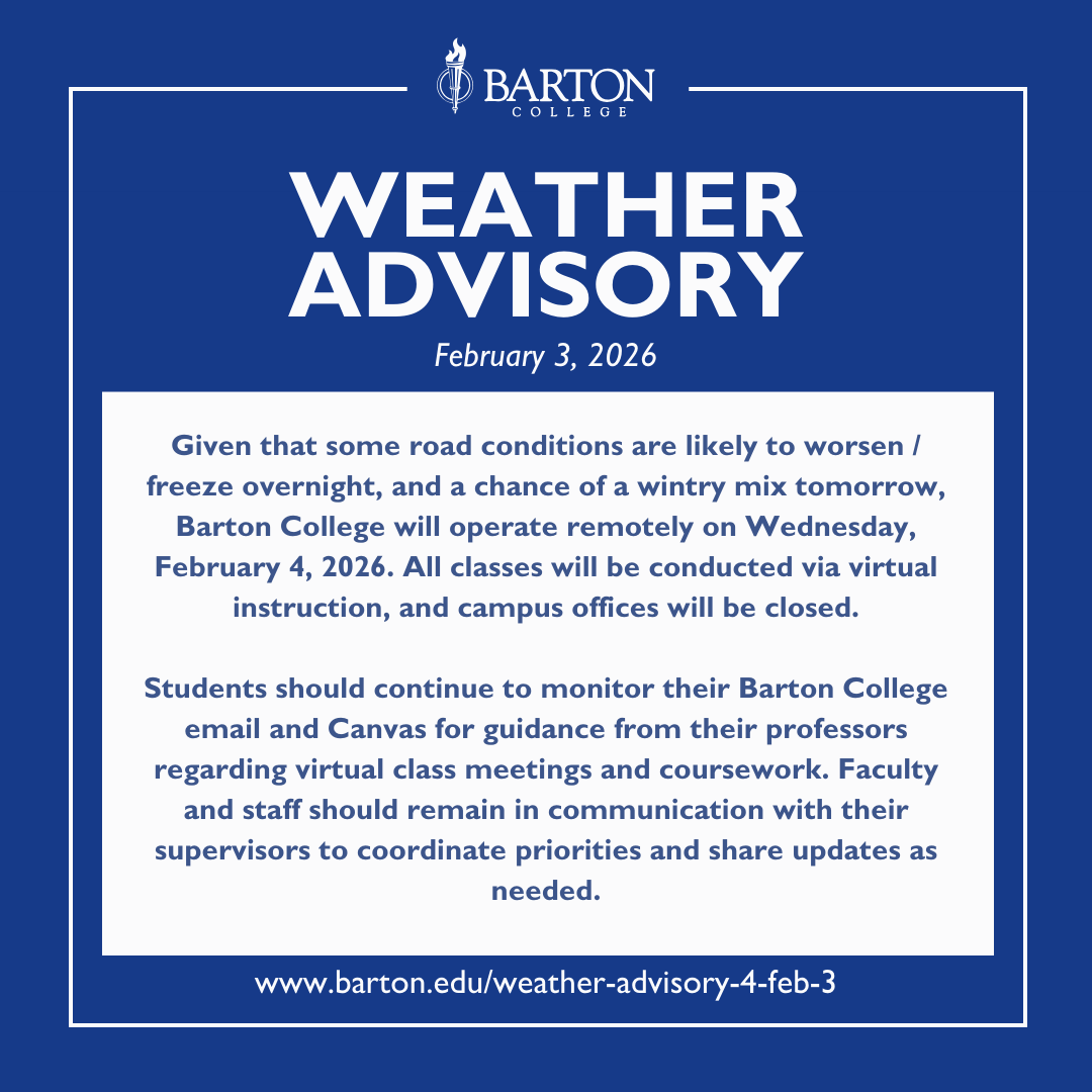 bartoncollege's tweet photo. Barton College will operate remotely on Wednesday, February 4, 2026. All classes will be conducted via virtual instruction, and campus offices will be closed.

Learn more: https://t.co/vqeBwrN7Kg https://t.co/o8lGzjNjMU
