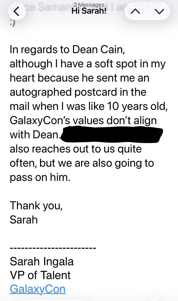 This is how they try to blacklist... 👀🙄
What are the "values" that I hold - which are not aligned with GalaxyCon's values?  
Please be specific, Sarah + GalaxyCon. 
(other celebrity name redacted by me)