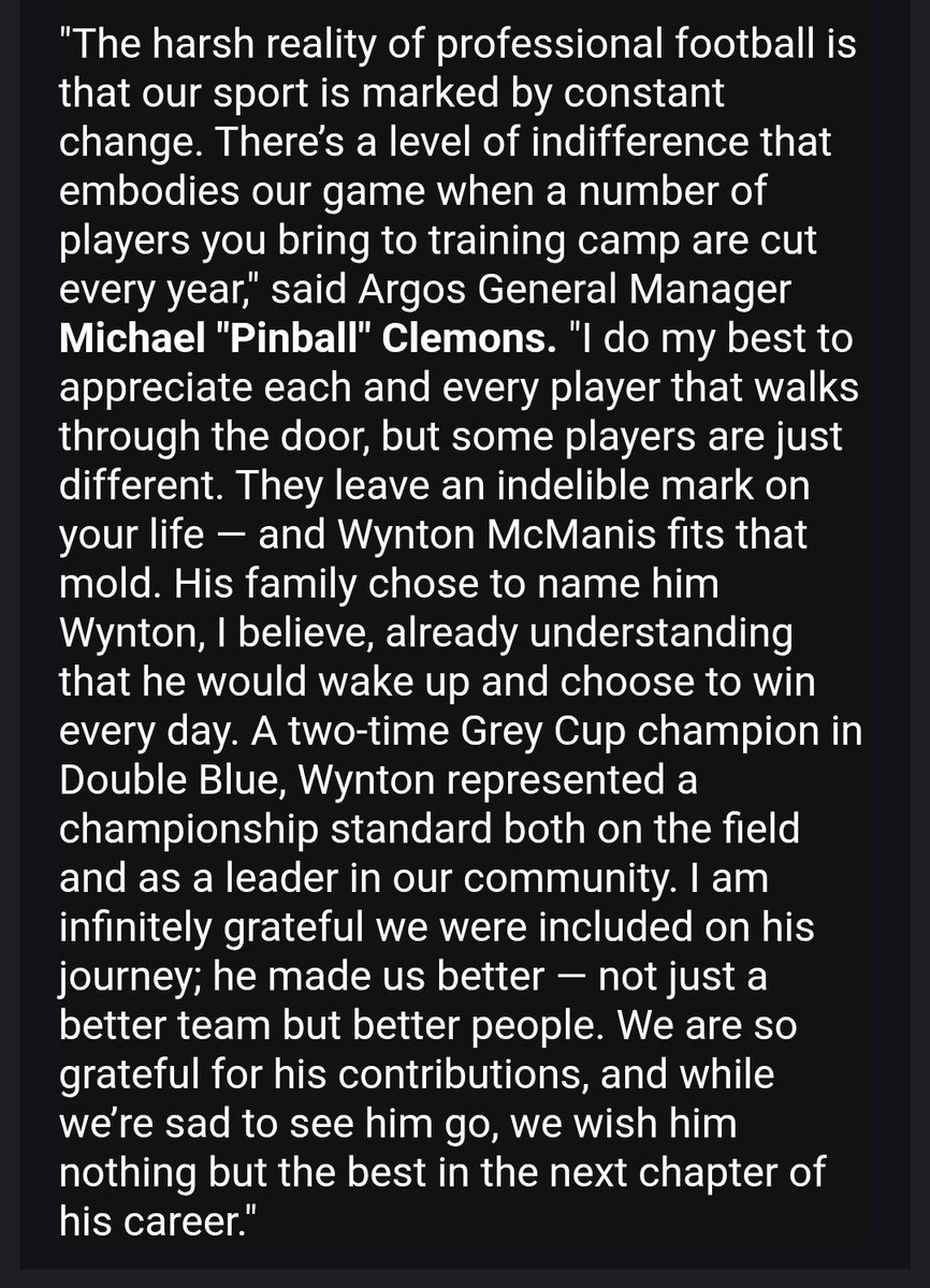 The #Argos have released Wynton McManis. Tough move for the team given how much he's meant to the organization since joining. Here's GM Michael "Pinball" Clemons statement on the move.