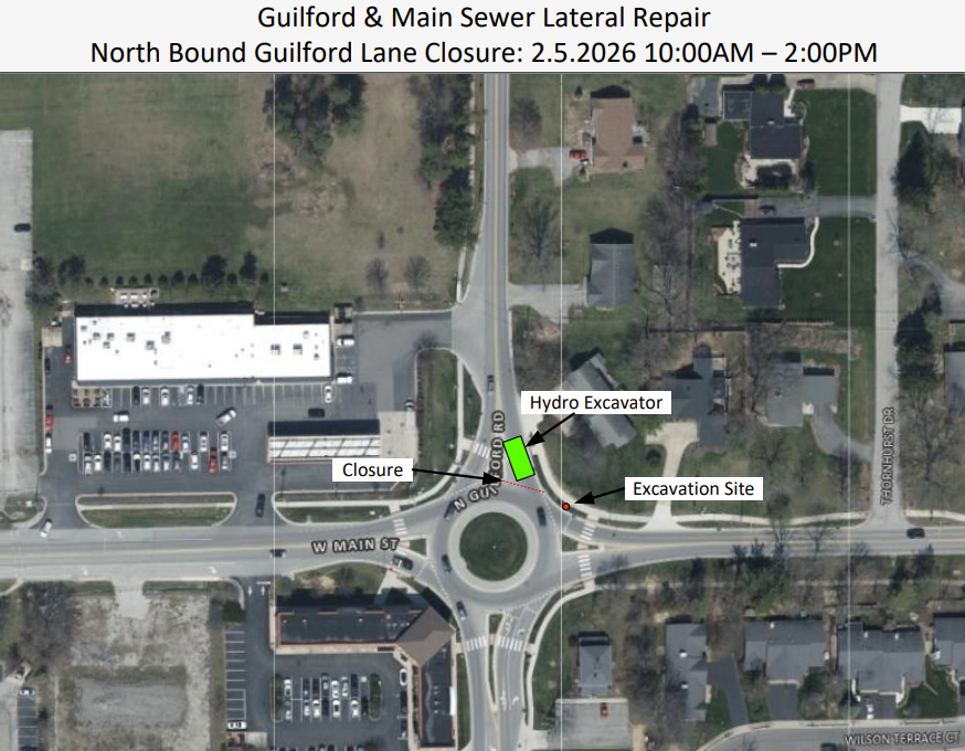 CarmelUtilities's tweet photo. On February 5, 2026, Carmel Utilities is conducting sewer maintenance at W. Main St. &amp; N. Guilford Rd. This involves lane closures &amp; restrictions NB at the Guilford Rd &amp; Main St roundabout between 10:00 a.m. and 2:00 p.m. This will NOT affect Utilities water or sewer services. https://t.co/YD8BnWOlaB