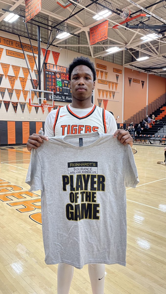 Sharon sophomore standout Cedrick Boyd was huge tonight! His 27 points were a career high, he also made his first two 3’s of the season to help lead his Tigers to a huge win to take over first place in the Region and he takes home the <a href="/Reinhardts1904/">Reinhardt’s Insurance</a> POG T!! 
<a href="/CedrickBoyd2028/">Cedrick Boyd</a>