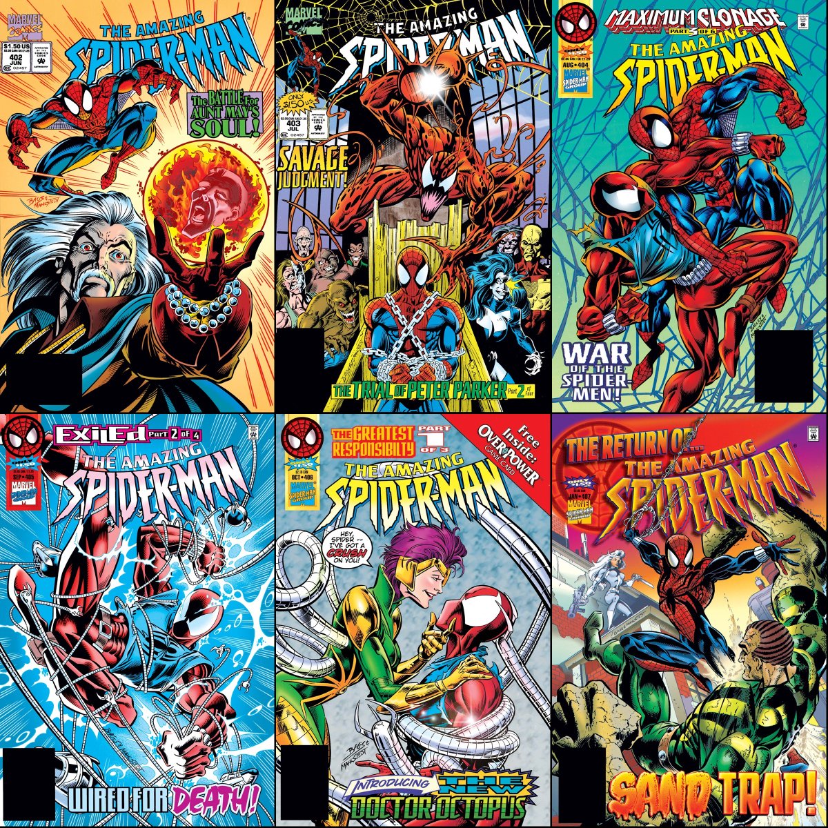 ClassicMarvel_'s tweet image. The Amazing Spider-Man #402-407 cover dated June 1995-January 1996.
