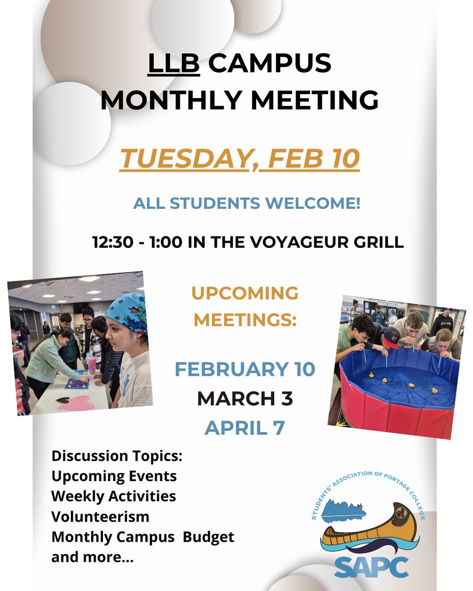 mySAPC's tweet photo. 💥 Attention Lac La Biche Campus 💥

Come down to the Voyageur Grill for the 💫 February Campus Meeting 💌

🗣 Have your voice heard and plan future events for your campus! 📣

#campusmeeting #voyageurgrill #laclabiche #SAPChappens #SAPC #sapc2026 #PortageCollege https://t.co/OBMT0F6SwF