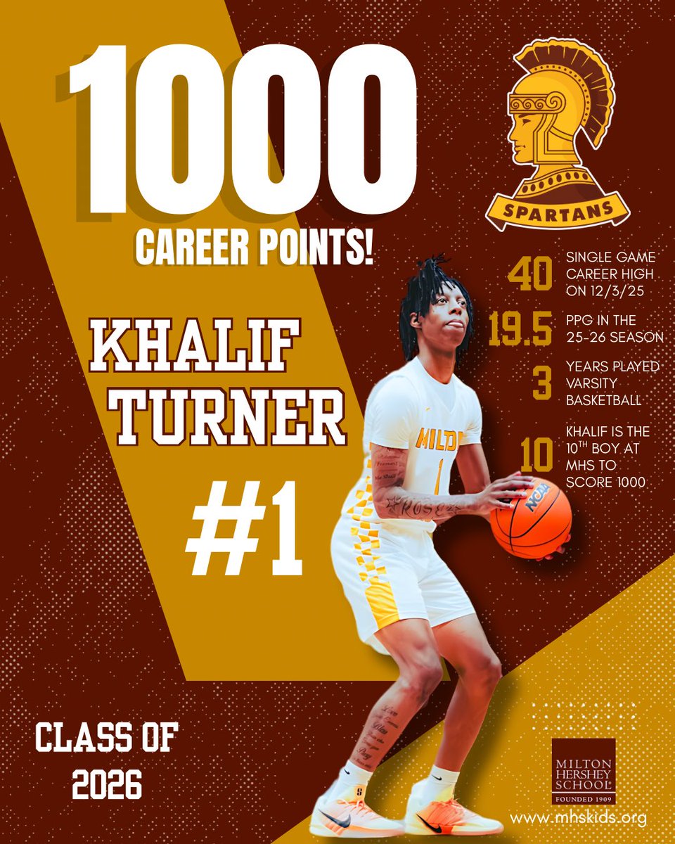 CoachCYoung's tweet photo. Congratulations to Khalif Turner on becoming the 10th boys basketball player in Milton Hershey School history to score 1000 points in his career! 
—
@paD3hoops @Pa_Preps @pasports @PennLive @KeystoneBBall @dan_sostek @EvanWheaton @MHSATHLETICS4 @miltonhershey @KhalifTurner https://t.co/rzBRiJrqkj