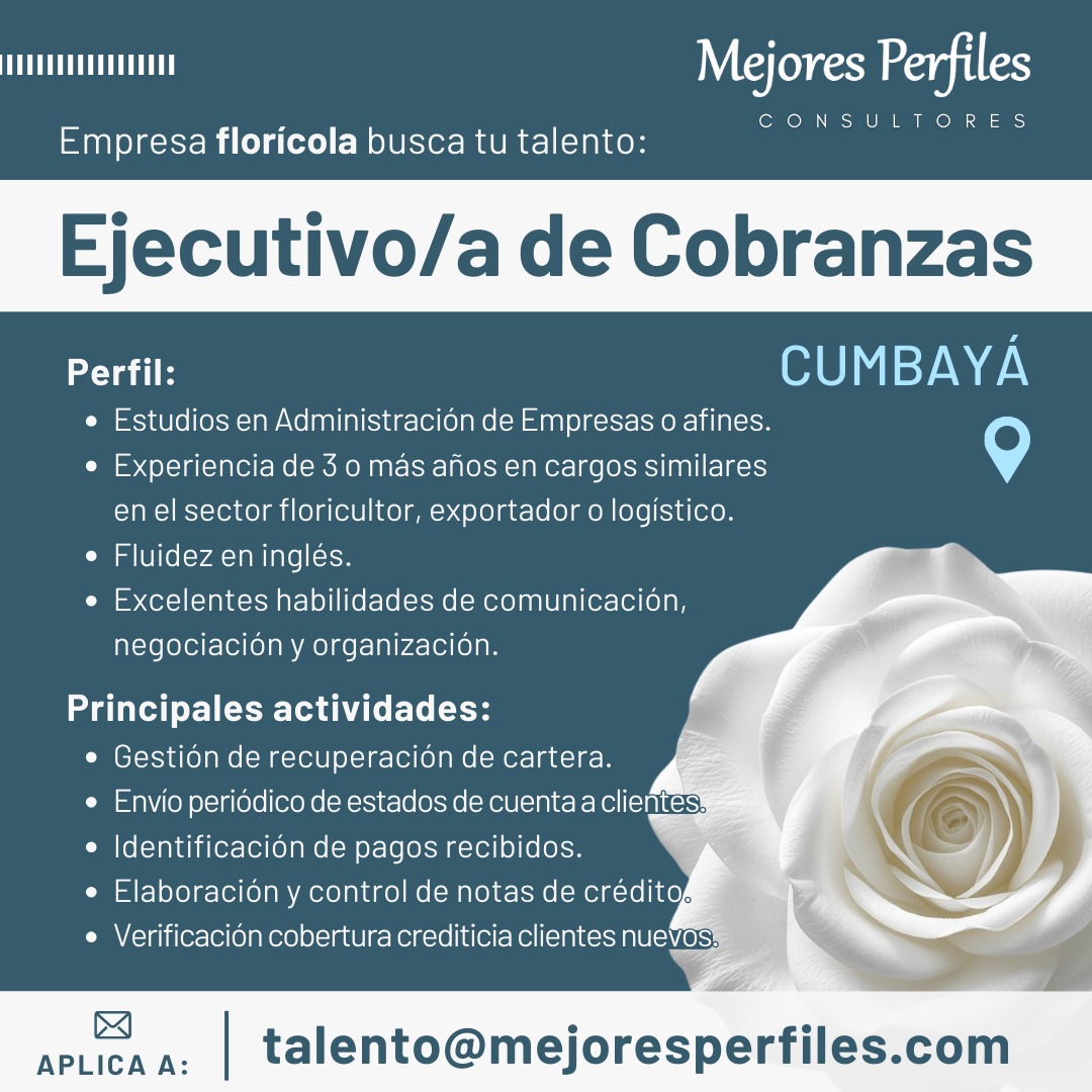 EJECUTIVO/A DE COBRANZAS - EMPRESA FLORÍCOLA - CUMBAYÁ

Estudios en Administración de Empresas o afines.
Experiencia en cargos similares en el sector floricultor, exportador o logístico.
Fluidez en inglés.

Aplica a:
talento@mejoresperfiles.com