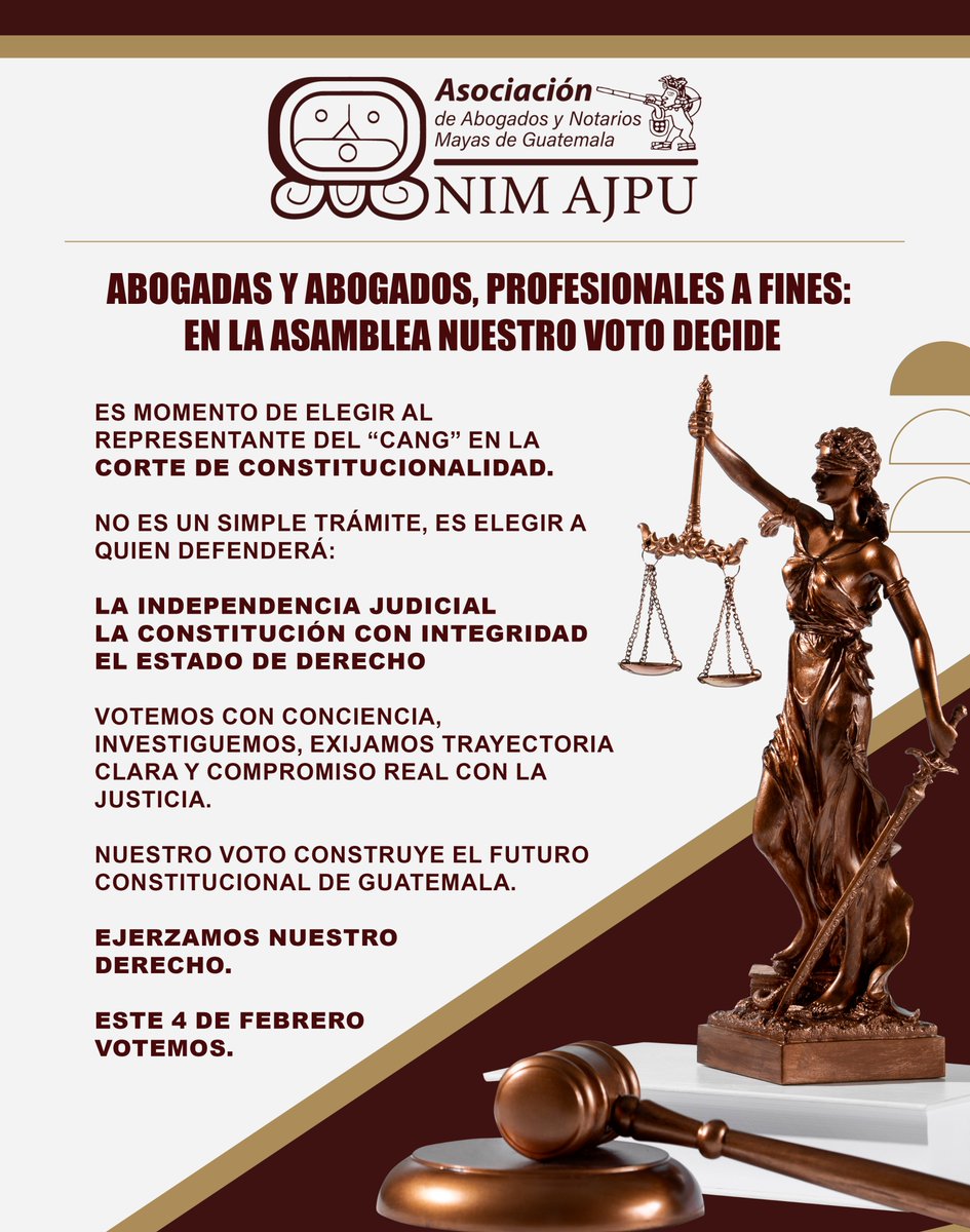 nimajpu's tweet photo. ABOGADAS Y ABOGADOS, PROFESIONALES A FINES:
EN LA ASAMBLEA NUESTRO VOTO DECIDE

NO ES UN SIMPLE TRÁMITE, ES ELEGIR A QUIEN DEFENDERÁ:

LA INDEPENDENCIA JUDICIAL
LA CONSTITUCIÓN CON INTEGRIDAD
EL ESTADO DE DERECHO https://t.co/FJoN5FWao1