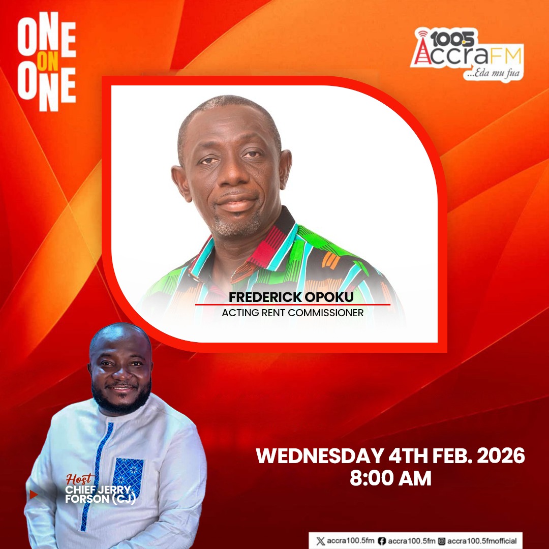 CommissRentGH_'s tweet photo. Acting Rent Commissioner Frederick Opoku joins @AccraFM1005 #OneOnOne this morning!

📅 Wed, 4th Feb 
⏰ 8:00 AM 
📻 Accra 100.5FM
#RentControl #Ghana https://t.co/Kj330skc3h