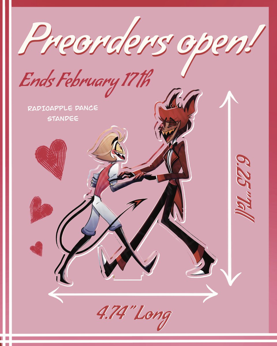 StrangeBramble's tweet photo. Happy Valentines! 
💗💗!!PREORDERS ARE OPEN!!💗💗
Come grab a standee of our boys 🥰
Link Below! 
#radioapple #HazbinHotel https://t.co/1z9t8qdqD2