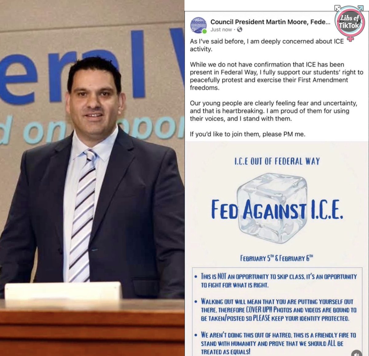 libsoftiktok's tweet image. Meet Federal Way, Washington City Council President Martin Moore.

Martin reportedly posted this message urging students to join anti-ICE walkouts during school and called for ICE to leave the city.

He quickly deleted it, but we have the receipts.

Martin is paid by your tax…