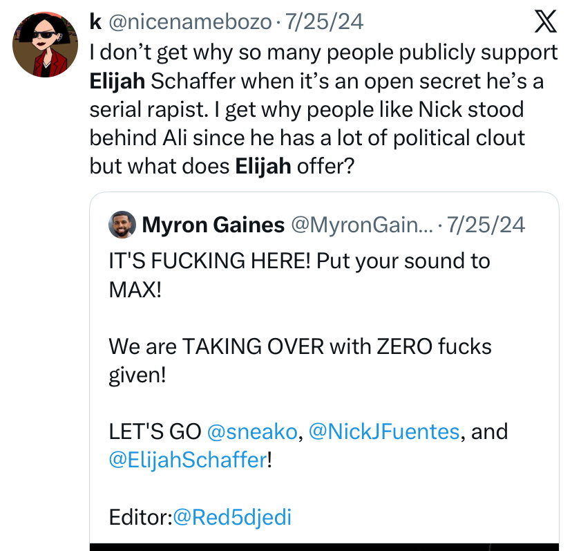 nicenamebozo's tweet image. Great day for people who hate Elijah Schaffer (I’m the people)