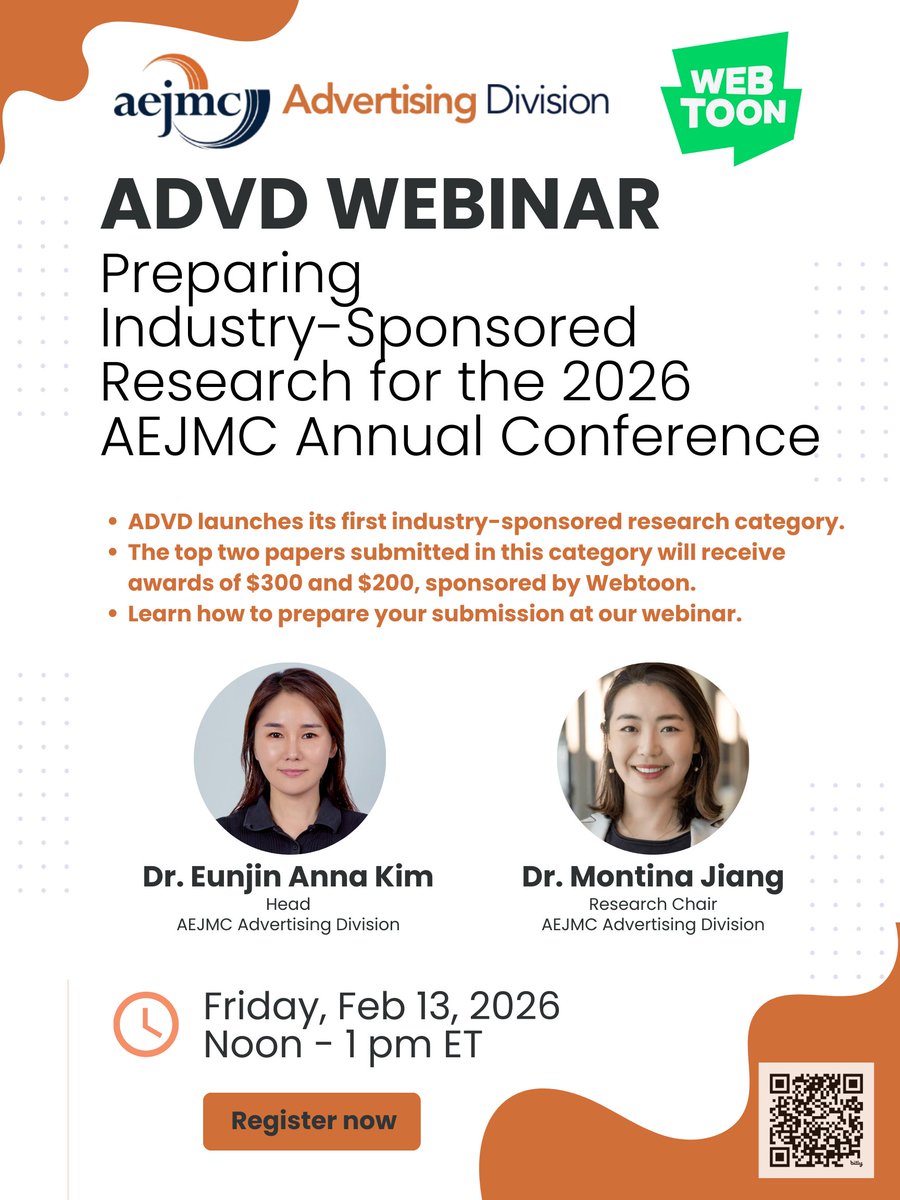 AejmcAdDivision's tweet photo. Join our webinar on Friday, Feb 13, from noon to 1 pm ET to learn how to prepare AEJMC submissions for ADVD’s first-ever industry-sponsored research category with @webtoonofficial ! https://t.co/UWJmkpOMRW