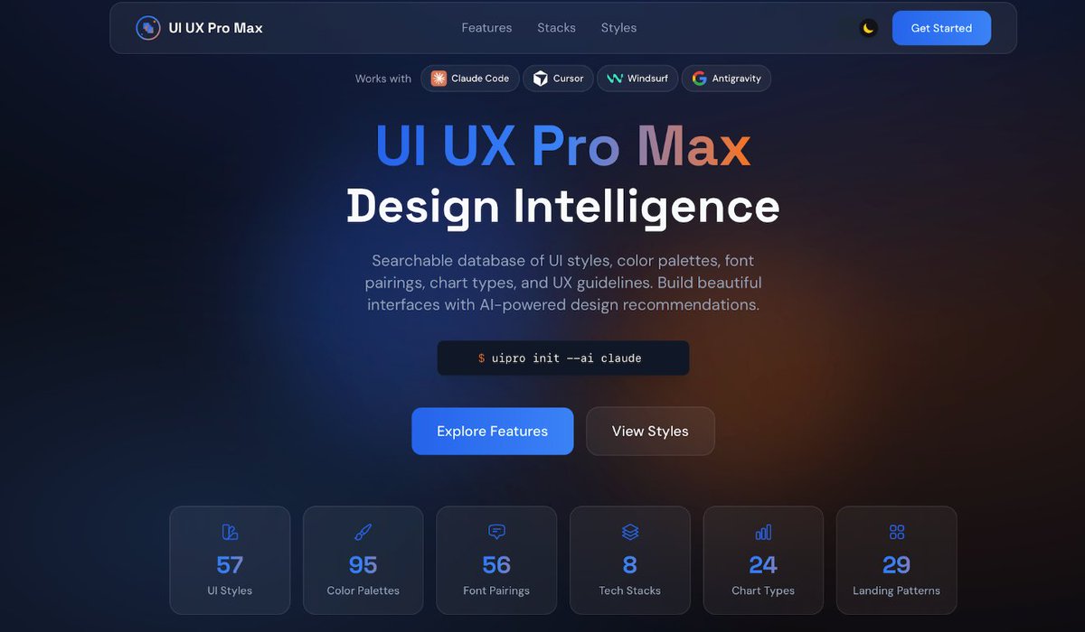 songguoxiansen's tweet image. 分享一个为多平台专业UI/UX设计的Skill

目前已26.4K星星⭐️

支持：Claude Code、Cursor、Windsurf、Antigravity、Codex CLI、Continue、Gemini CLI、OpenCode、Qoder、CodeBuddy等

67种UI风格：玻璃化、黏土化、极简主义、粗犷主义、拟物化、Bento 网格、暗黑模式、AI原生UI等等