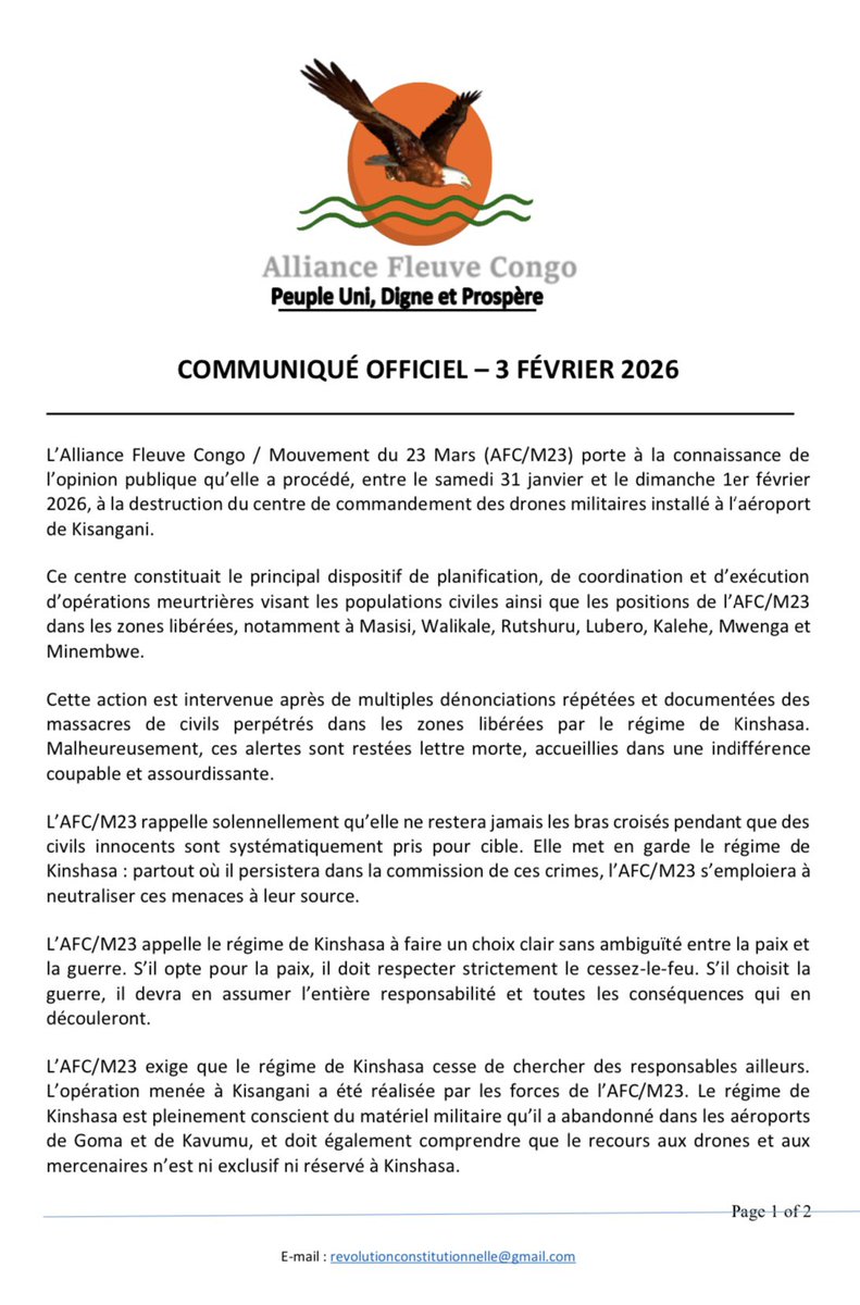 LawrenceKanyuka's tweet photo. COMMUNIQUE OFFICIEL DE L’AFC/M23 DU 3/02/2026 :
L’Alliance Fleuve Congo / Mouvement du 23 Mars (AFC/M23) porte à la connaissance de l’opinion publique qu’elle a procédé, entre le samedi 31 janvier et le dimanche 1er février 2026, à la destruction du centre de commandement des drones militaires installé à l’aéroport de Kisangani……⤵️