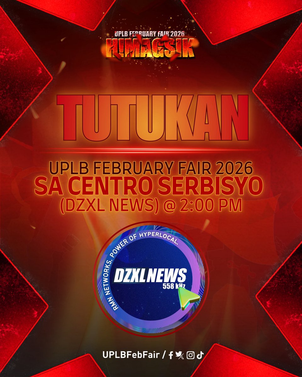 𝗧𝗨𝗧𝗨𝗞𝗔𝗡: Panoorin live sina Ysa Dilla at JL Nabulneg ng UPLB February Fair 2026 Organizing Team sa DZXL Centro Serbisyo upang talakayin ang mga kampanyang bibitbitin ng UPLB February Fair ngayong taon. 

#UPLBFebruaryFair2026
#FebFair2026
#FF2026 
#Himagsik2026