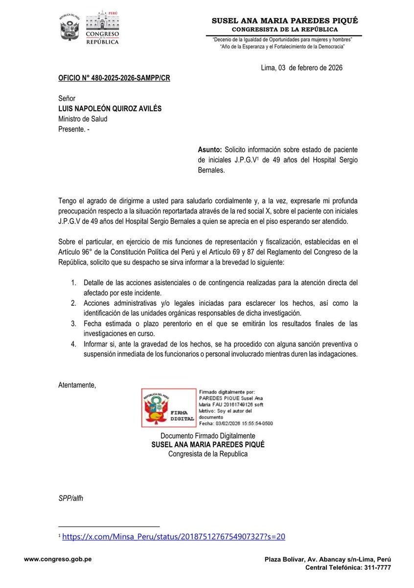 He oficiado al <a href="/Minsa_Peru/">Ministerio de Salud</a> por el grave caso del Hospital Sergio Bernales.
Exigimos respuestas, responsabilidades y acciones inmediatas.
La dignidad de los pacientes se respeta.