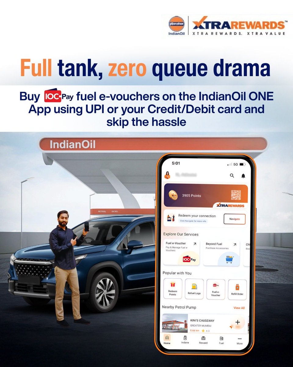Why wait when you can fuel smarter?
Purchase IOC Pay fuel e-vouchers on the IndianOil ONE App using UPI, credit or debit cards, and enjoy a smoother fuel stop every time.

iOS: apps.apple.com/in/app/indiano…
Android: play.google.com/store/apps/det…

#IOCpay #IndianOilOneApp #XTRAREWARDS