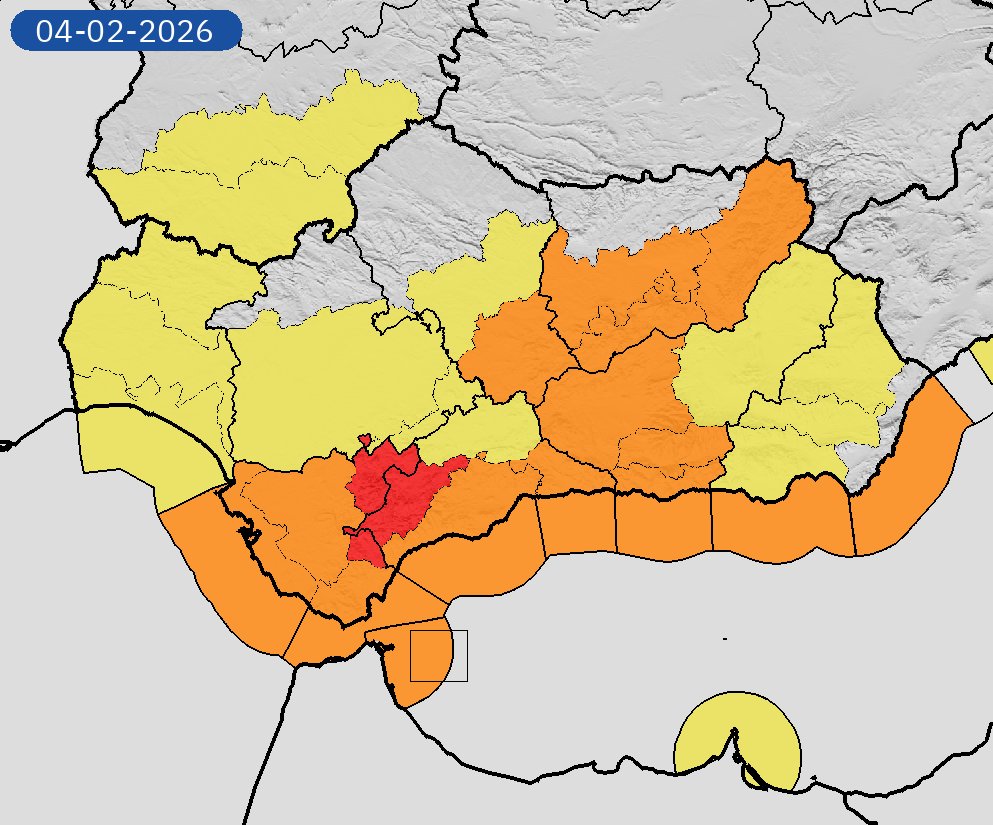 AEMET_Andalucia's tweet photo. 04/02 03:18 AVISOS HOY Y MAÑANA | Andalucía: lluvias, vientos y costeros. Nivel máximo de aviso: rojo.
Actualizaciones en https://t.co/Dfanf8vdfH https://t.co/NjK3FszLbC