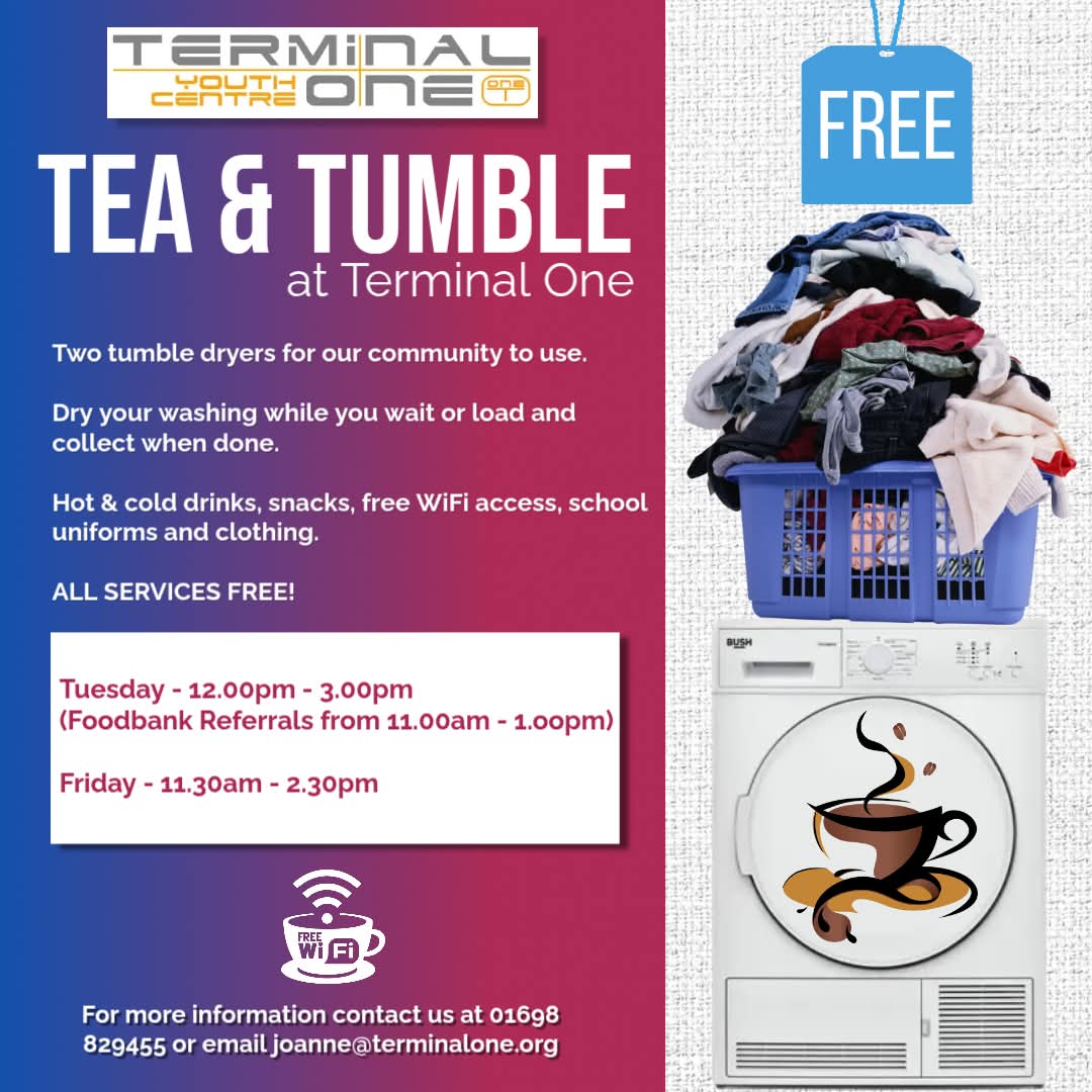 TerminalOneYC's tweet photo. ☕️🧺Tea &amp; Tumble🧺☕️ - Check out the NEW TIMES!
➡️ All services are FREE!

We're excited to bring you new times and days for our Tea &amp; Tumble. Bring your washing along to dry and relax with a wee cuppa.

#teaandtumble #teatime #tumbledryer #cuppa #washing https://t.co/Uv3Uv1UN5v