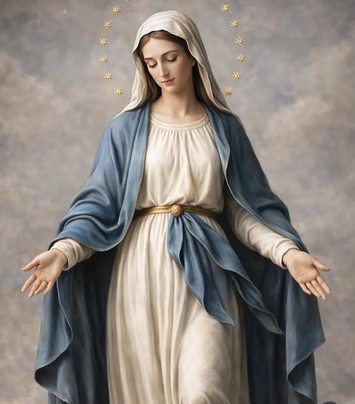 ✝️ Dios te salve, María, 
llena eres de gracia;
el Señor es contigo.
Bendita Tú eres 
entre todas las mujeres,
y bendito es el fruto de tu vientre, Jesús. 

Santa María, Madre de Dios,
ruega por nosotros, pecadores,
ahora y en la hora de nuestra muerte. Amén 🙏