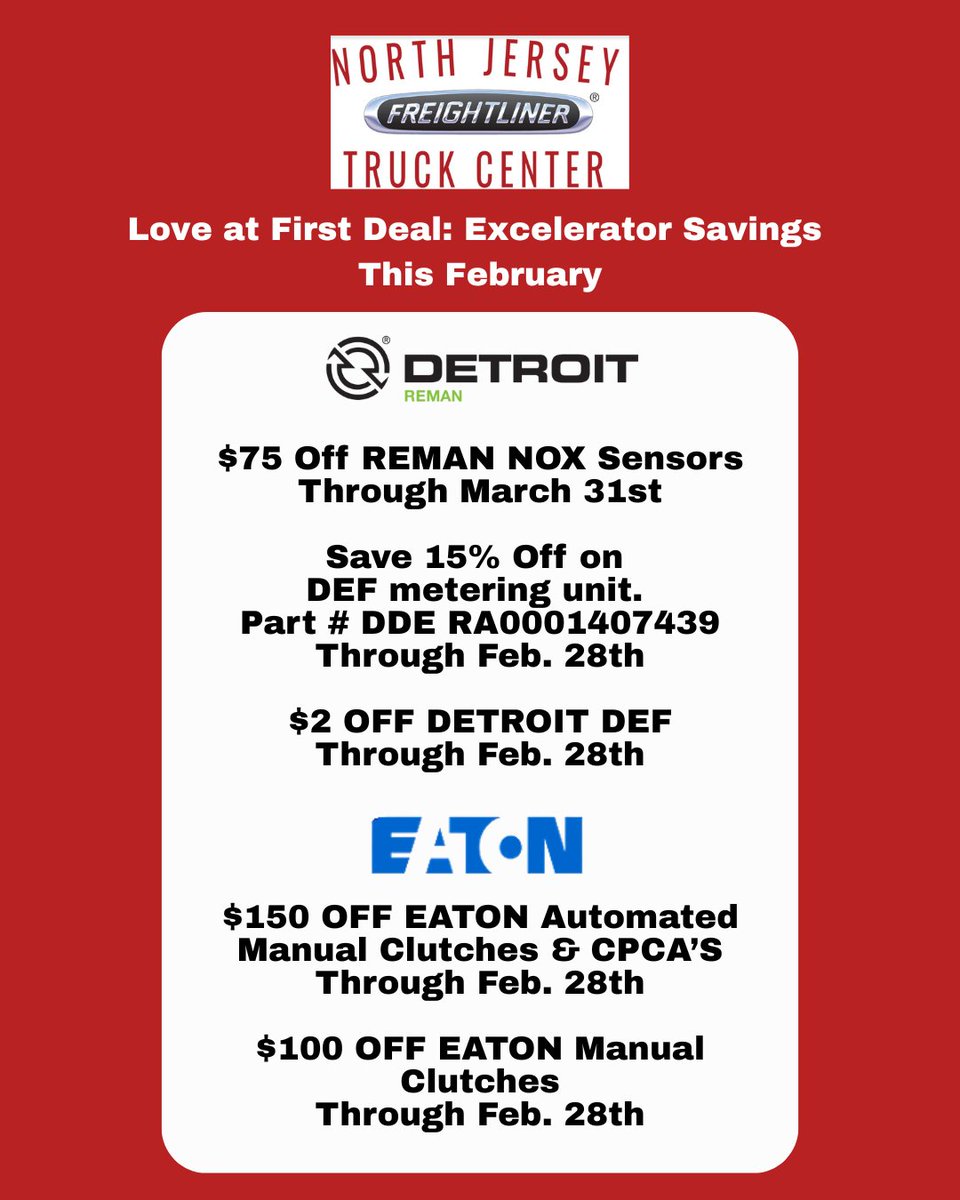 NJTRUCKCENTER's tweet image. It's a short month, but the savings are still big! Don't miss out on these SWEET FEBRUARY EXCELERATOR SPECIALS! Not an inner circle member? Contact our parts department at 973-478-8802 or visit excelerator.com

#NJTruckcenter #Excelerator #PartsSpecials