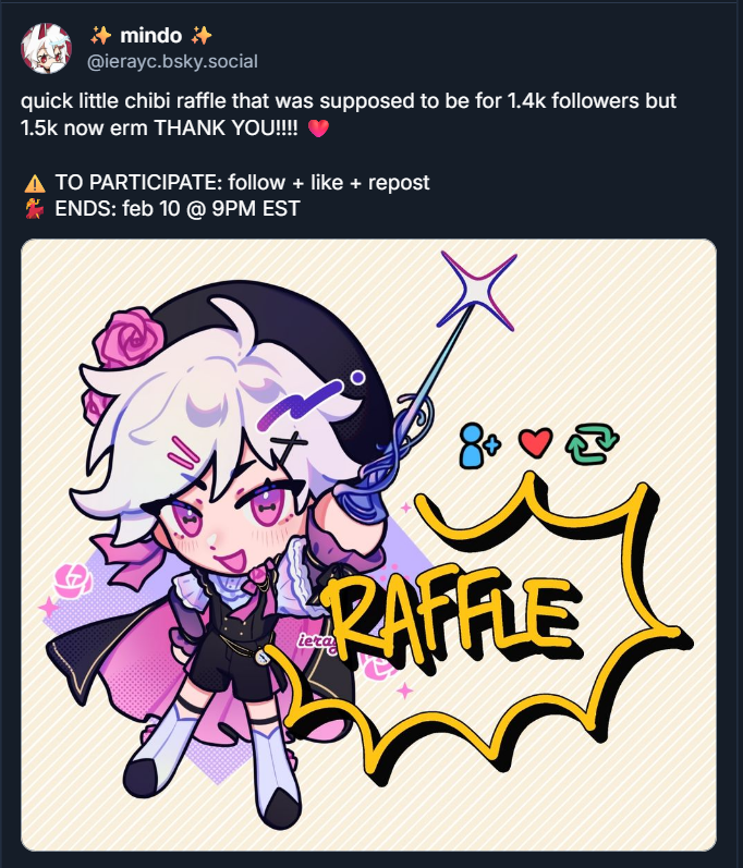 ierayc's tweet photo. doing a quick little art raffle over on 🦋 !! annual bday raffle will also be over there next month 🙇 https://t.co/ebqXfc1YMk