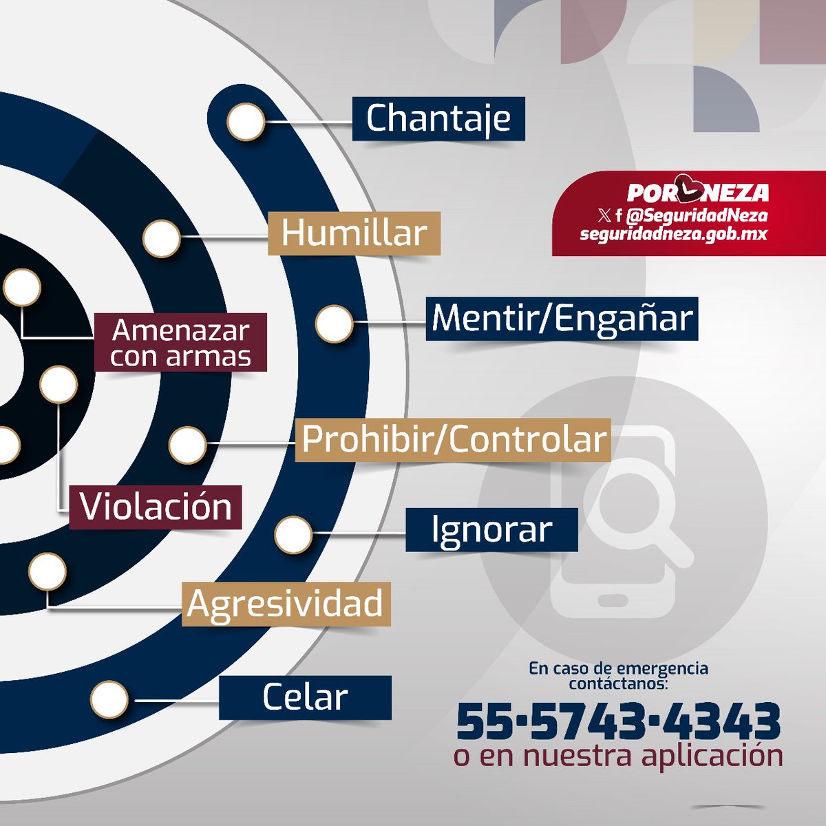 GeneroNeza's tweet image. ⚠️ Si te reconoces en alguna etapa de la espiral de violencia, no lo dejes pasar. ¡Deténlo a tiempo!

Contáctanos al ☎️ 55 5743 4343. Tu seguridad es lo más importante.