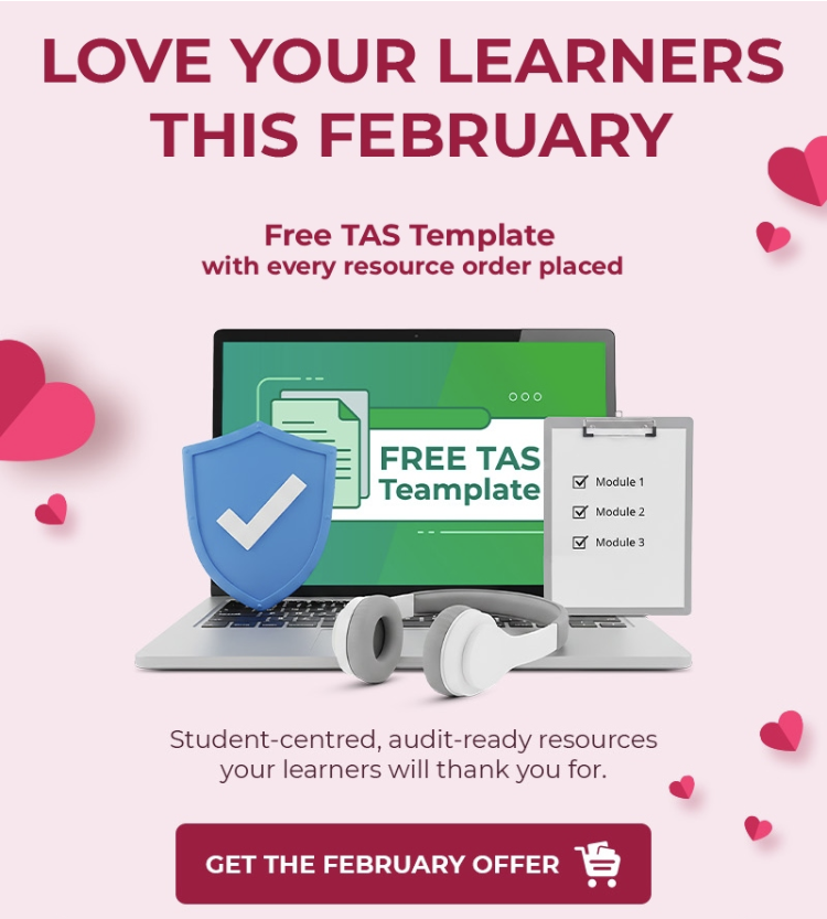 ❤️ February is all about Loving Your Learners ❤️

Student-centred training starts with quality resources.

This month, when you order from CAQA Resources, you’ll receive a FREE Training &amp; Assessment Strategy (TAS) template — on us.

🌐 caqaresources.com.au
📞 1800 266 160