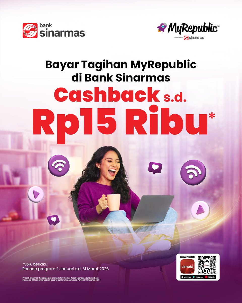 Bayar MyRepublic di SimobiPlus banyak untungnya! Nikmati cashback hingga Rp15 ribu untuk pembayaran MyRepublic via bill payment SimobiPlus, biar tagihan makin ringan 😉

Yuk dapatkan promonya sekarang!

S&amp;K berlaku. 
Info selengkapnya, kunjungi bsim.id/cb-myrepublic-…