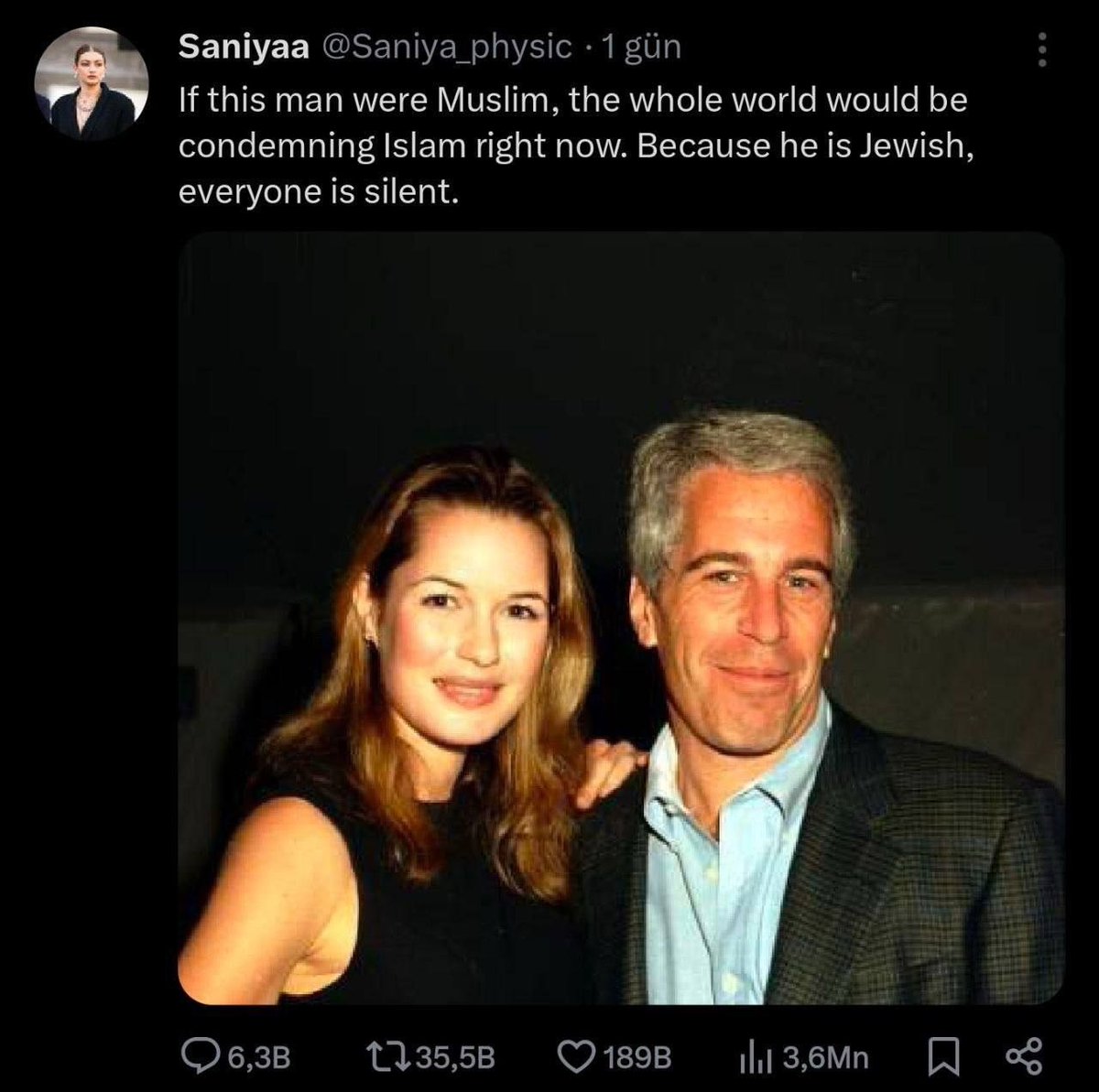 🔴 X'te bir kullanınıcının, Jeffrey Epstein hakkındaki paylaşımı sosyal medyada gündem oldu: 

"Eğer bu adam Müslüman olsaydı, tüm dünya şu anda İslam'ı kınıyor olurdu.

 Ama Yahudi olduğu için herkes sessiz kalıyor."