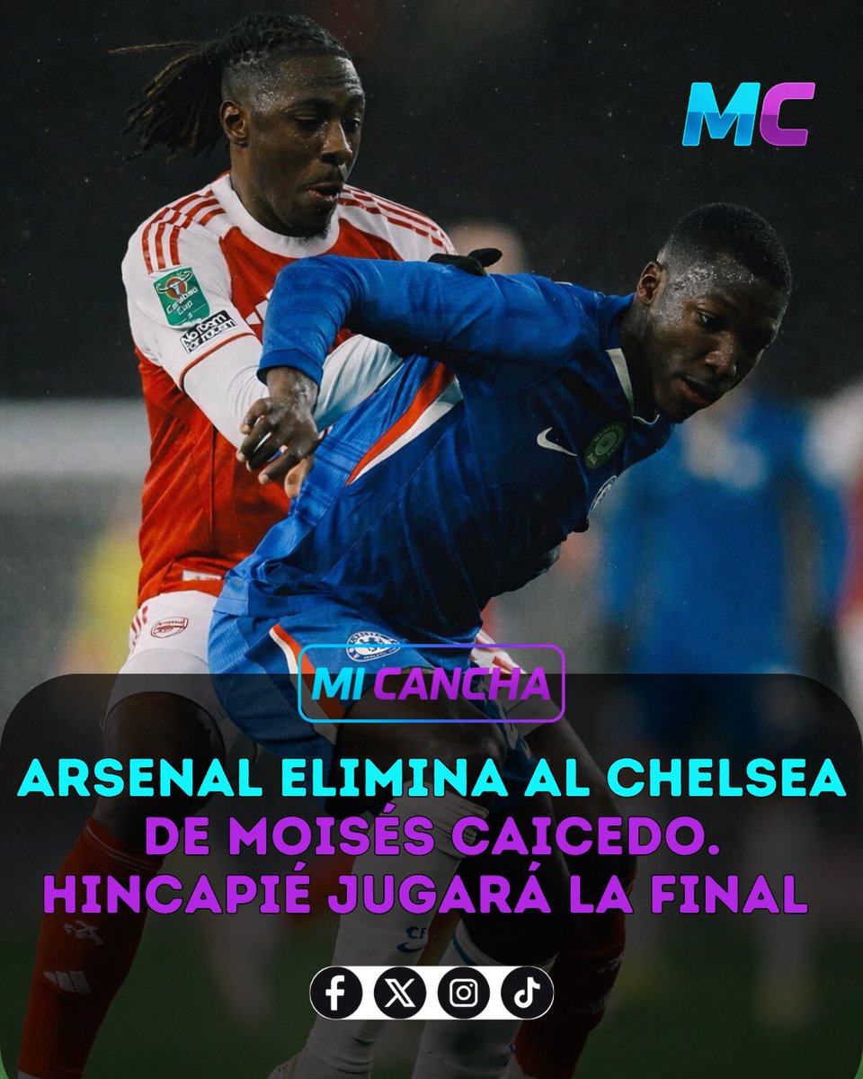 MiCancha_ec's tweet photo. ¡#Arsenal jugará la final de la #CarabaoCup! ⚽️🏆🏴󠁧󠁢󠁥󠁮󠁧󠁿

El equipo de Piero #Hincapié eliminó al #Chelsea, de Moisés #Caicedo, en las semifinales con un marcador global de 4-2 🇪🇨

Los ‘Gunners’ esperan su rival del encuentro entre #MCity y #Newcastle https://t.co/43frfQxpDw