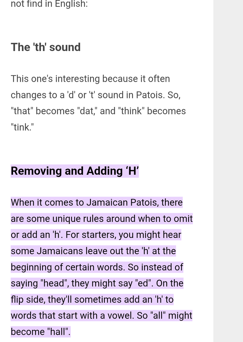 PA13Baker's tweet photo. @clovermyrie .@Shayla_x
Butchering 🧐👎🏾
Jamaicans still refuse to accept that we have a mother tongue, PATWA. Spelling (some depending on the writing system, others by convenience) differs; basic agreement on grammar & pronunciation. In #Patwa the use of "h" is rare
https://t.co/rAgUUQqs7Z https://t.co/RbUS6Kfx7h
