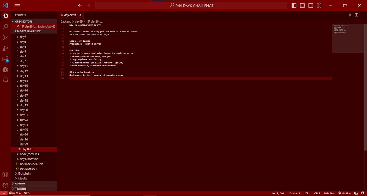 dxbolaji's tweet photo. Day 34/244๐ฆ-- Deployment basics
Deployment isnโt magic.
Itโs your API running on someone elseโs computer, 24/7.
If it works locally and you respect env vars,
production is just execution โ not reinvention.
#DXChallenge #BuildInPublic #BangerBoysinTech https://t.co/zG3b5Pt3Co