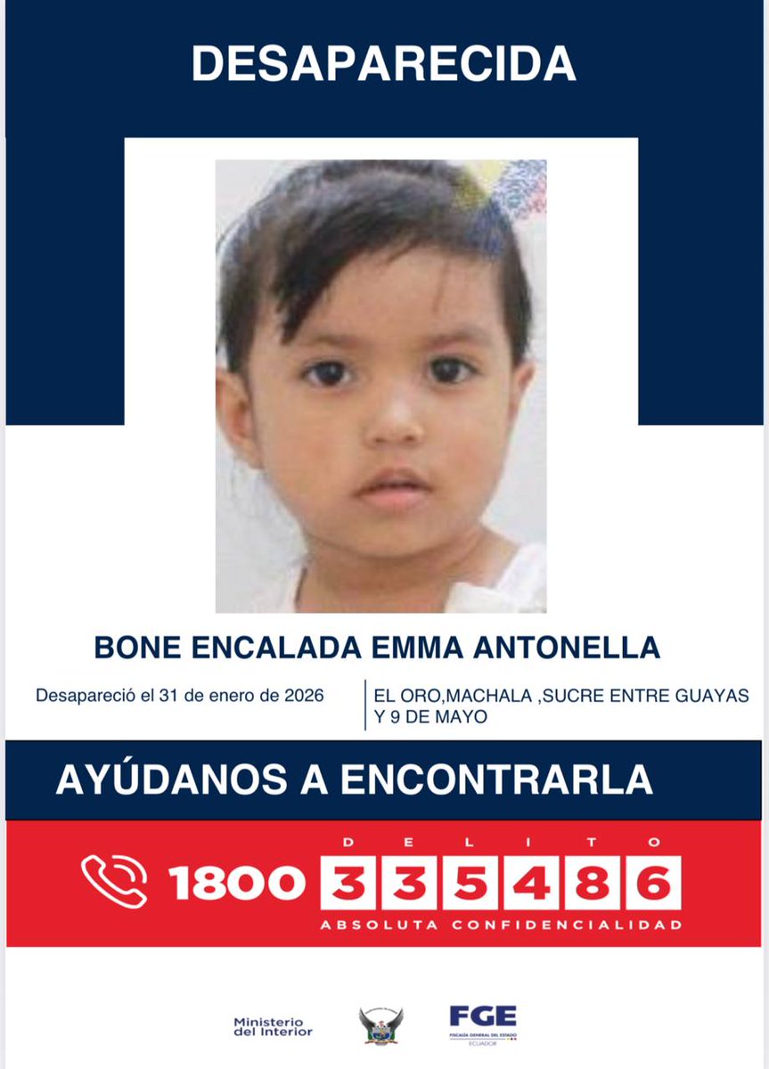 AYÚDANOS A ENCONTRARLAS

A ENCALADA CHAMBA KRISTEL NICOLE y a su hija BONE ENCALADA EMMA ANTONELLA, reportadas como desaparecidas desde el 31 de enero de  2026, en  #Machala #ElOro.

📞 Si tienes información, comunícate al 1800 DELITO (335486).

#ServirYProtegerConFirmeza