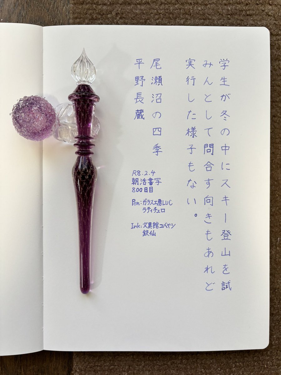 お題ありがとうございます。
800日目！書けない日もちょくちょくありますが、自分なりのペースでボチボチと続けていきたいです😀✨
#朝活書写 
#朝活書写_2308 
#ガラスペン 
ペン：ガラス工房LUC ラティチェロ
インク：文具館コバヤシ 鉄仙