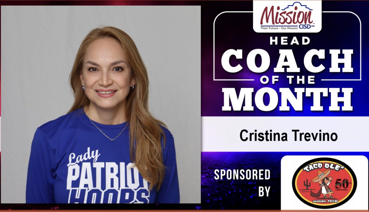 CoachGilpin's tweet photo. MVMHS Head Coach of the Month!!! 
Nelly Trevino-Girls Basketball 
#beblue 

*Sponsored by Taco Ole Restaurant https://t.co/DA0D6i8JY4