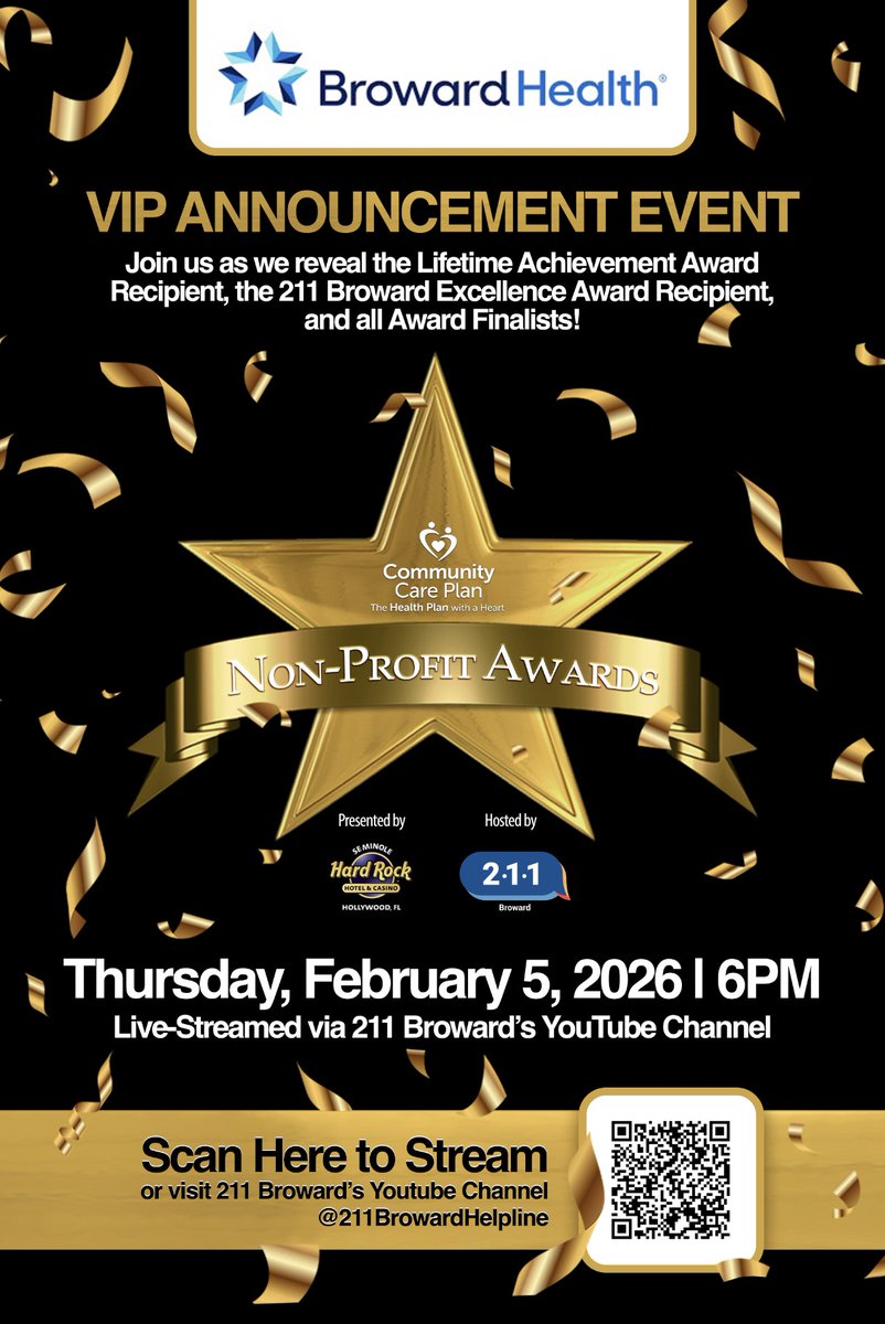 211Broward's tweet photo. Join us LIVE as we announce the Finalists for the 15th Annual Community Care Plan Non-Profit Awards, presented by Seminole Hard Rock Hotel and Casino.
The announcement will be livestreamed on the 211 Broward YouTube channel, proudly brought to you by @BrowardHealth 
Tune in and celebrate our nonprofit community with us! https://t.co/FTgb2DavNZ