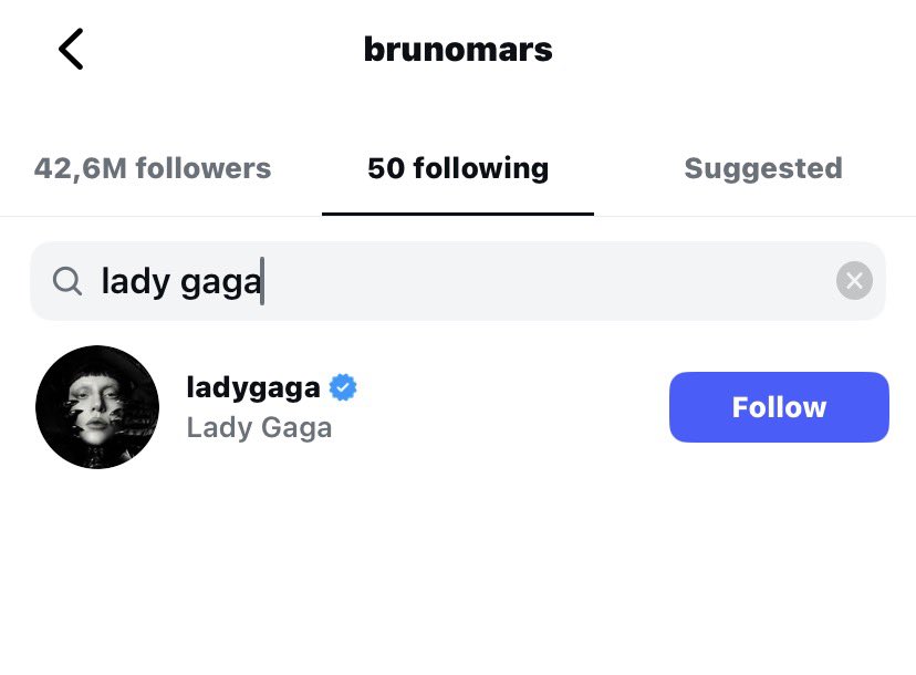🚨 bruno mars unfollowed rose after losing the grammy, but continues to follow lady gaga, with whom he won a grammy