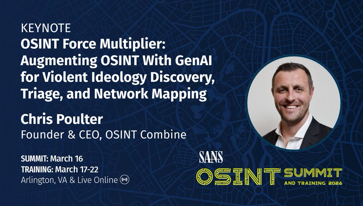SANSDefense's tweet photo. What does the future of OSINT actually look like?
At SANS #OSINTSummit (Mar 16, Arlington, VA), hear from Chris Poulter, Ethan Muntz, Gil Maman, and Yotam Perkal on AI, automation, and analyst-driven scale.
View Agenda & Register: https://t.co/8jAsN4X0GI
#OSINT #AISecurity https://t.co/GC5S62e39u